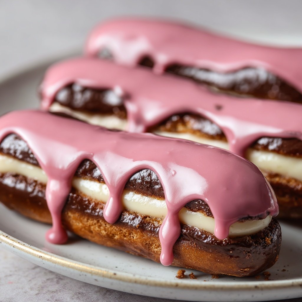 Chocolate Éclairs with Pink Glaze